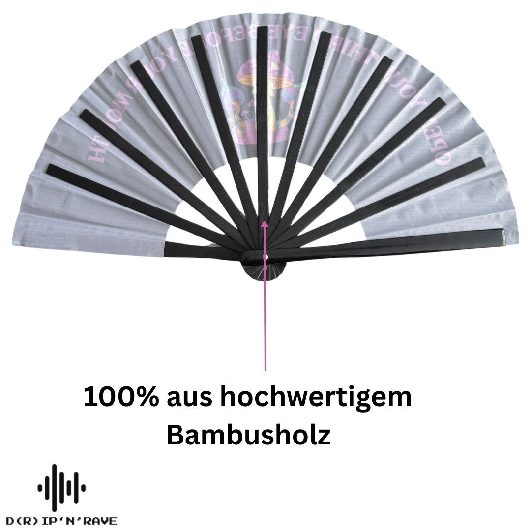 Faltbarer Handfächer groß und stabil – Fächer Schwarz mit dunklem grünem Schimmer,, UV Glow, leuchtet im Dunkeln – Festival Rave Techno EDM Party Accessoires aus Holz und Stoff