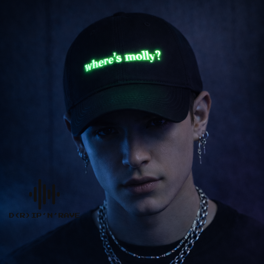 Cap Unisex Schwarz „Where’s Moly?“ – Glow in The Dark Stickerei, leuchtet im Dunkeln – Festival Rave Techno Accessoires Outfit Herren Damen