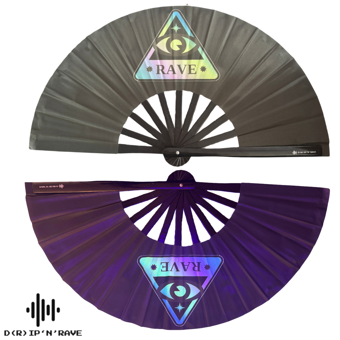 Rave Techno Fächer- Handfächer Schwarz mit grünlich schimmerndem Stoff UV Glow– Leuchtet im Dunkeln- Accessoires für Festival Rave EDM Party Club