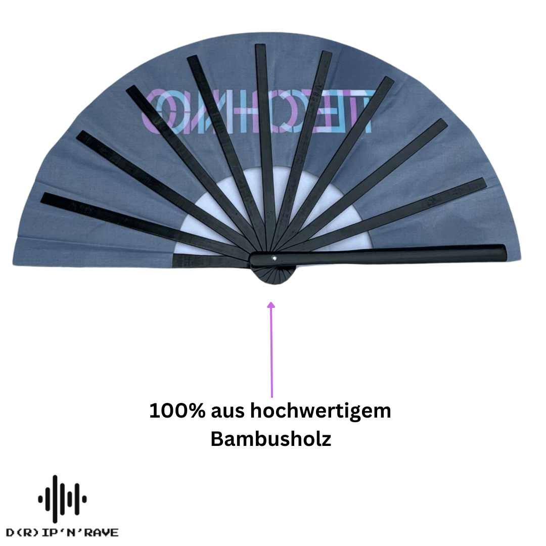 Fächer Techno-XL Handfächer-Hand Fan - Handfächer UV Glow mit leicht grünem Schimmer- Das Must-Have Accessoires für Techno Rave Festivals Club  – faltbar, groß, Bambus Holz Schwarz