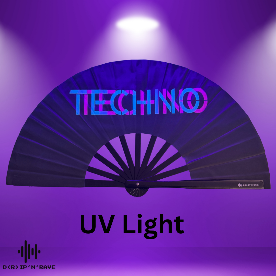 Fächer Techno-XL Handfächer-Hand Fan - Handfächer UV Glow mit leicht grünem Schimmer- Das Must-Have Accessoires für Techno Rave Festivals Club  – faltbar, groß, Bambus Holz Schwarz