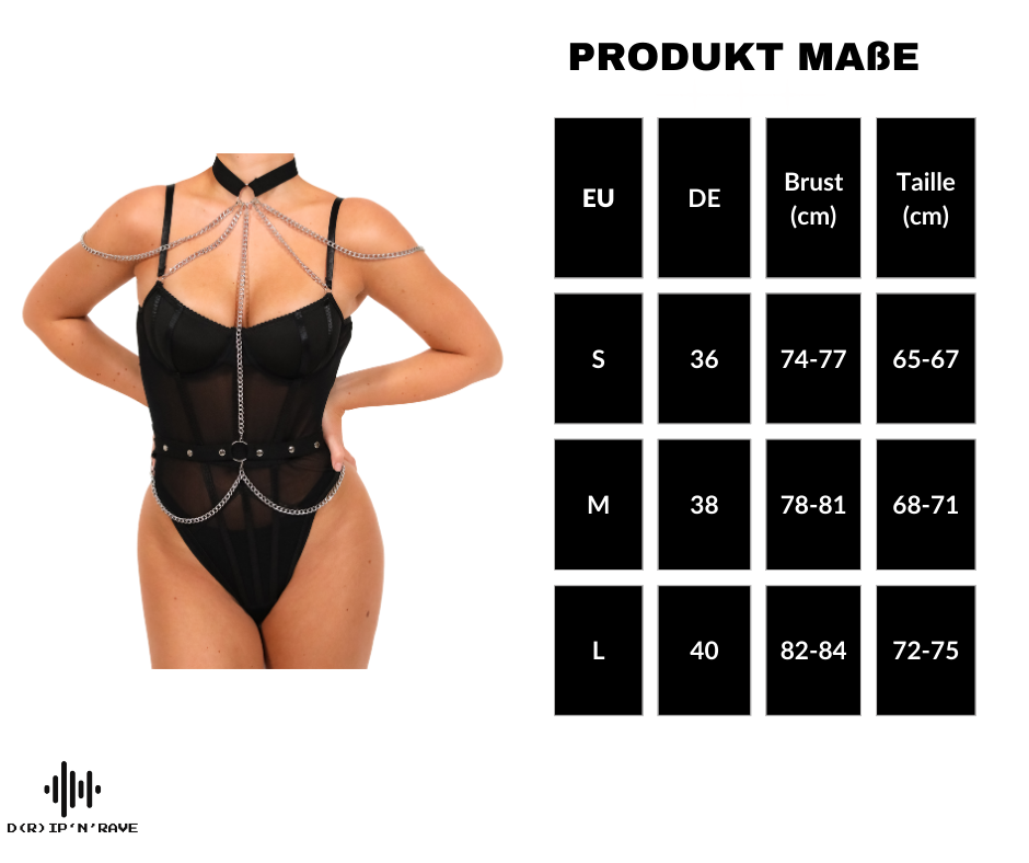 Rave Techno Outfit Damen  - Schwarzer sexy Body mit abnehmbaren silbernen Ketten - Mesh Bodysuit  - Festival Outfit - Party Outfit - Clubwear - Techwear