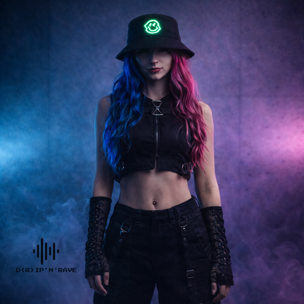 Fischerhut Unisex Schwarz – Glow in Dark – Leuchtet im Dunkeln – 100% Baumwolle Hut - EDM -Festival – Rave - Club- Techno Accessoires Outfit Herren Damen - Clubwear - Sonnenhut Atumgsaktiv