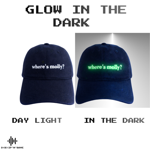 Cap Unisex Schwarz „Where’s Moly?“ – Glow in The Dark Stickerei, leuchtet im Dunkeln – Festival Rave Techno Accessoires Outfit Herren Damen