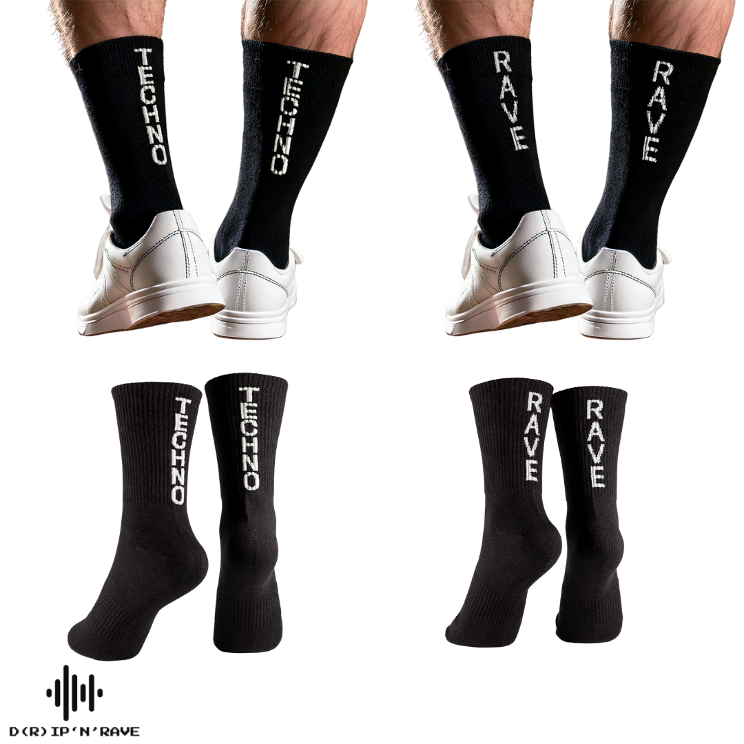 2 Paar Rave Techno Socken Unisex – Techno Festival Socken für Damen & Herren – Bequeme Baumwoll-Tennissocken als Outfit Accessoire für Club & EDM Party