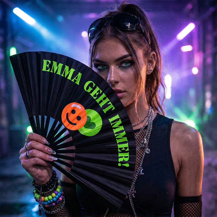 Großer Rave Fächer UV Glow – faltbarer Techno Handfächer aus Bambus Holz Festival Fächer
